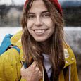 woman outside with a backpack